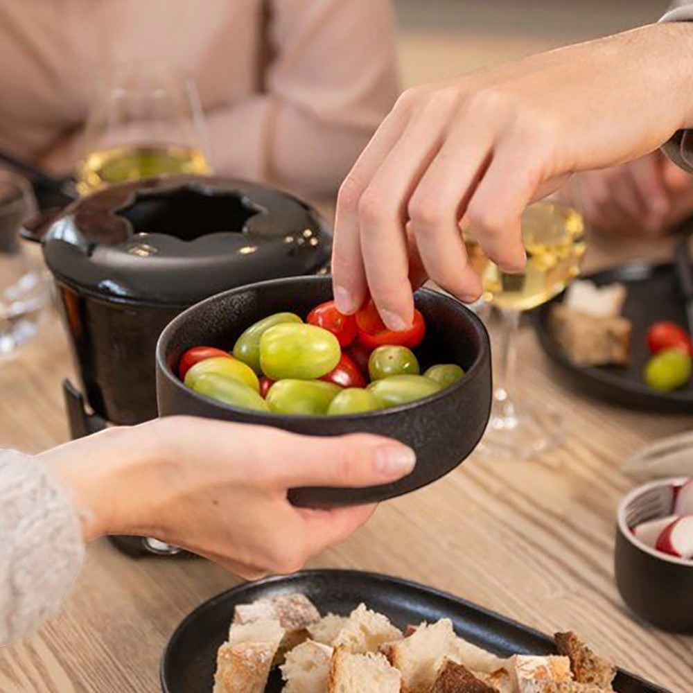 aelgmark black matte ceramic bowl with cherry tomatoes and grapes, 14.5cm, part of a fondue set