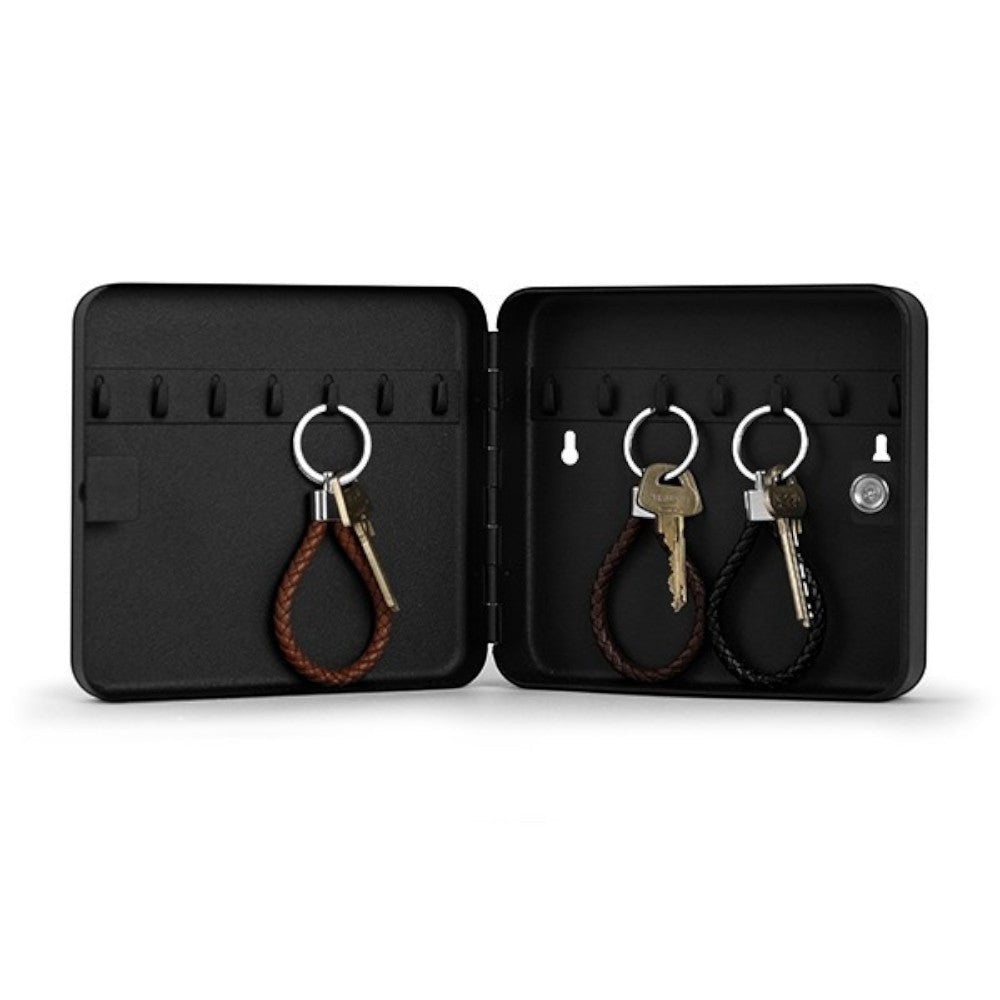 aelgmark black metal key box with 12 hooks and lockable door, holds multiple keys with braided keychains.