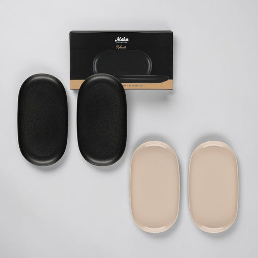 aelgmark black matte oval ceramic serving plates, set of 2, 33x18cm