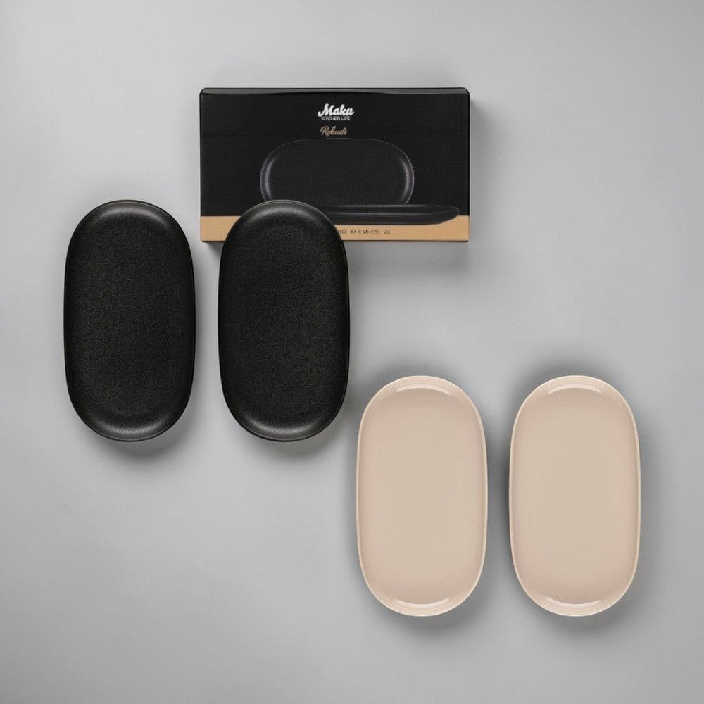 aelgmark black matte oval ceramic serving plates, set of 2, 33x18cm