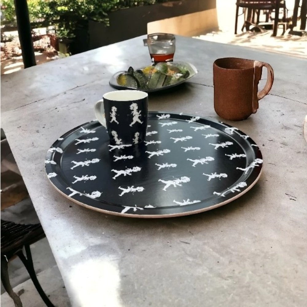 aelgmark black round tray with white boy pattern, serving tray for drinks and snacks