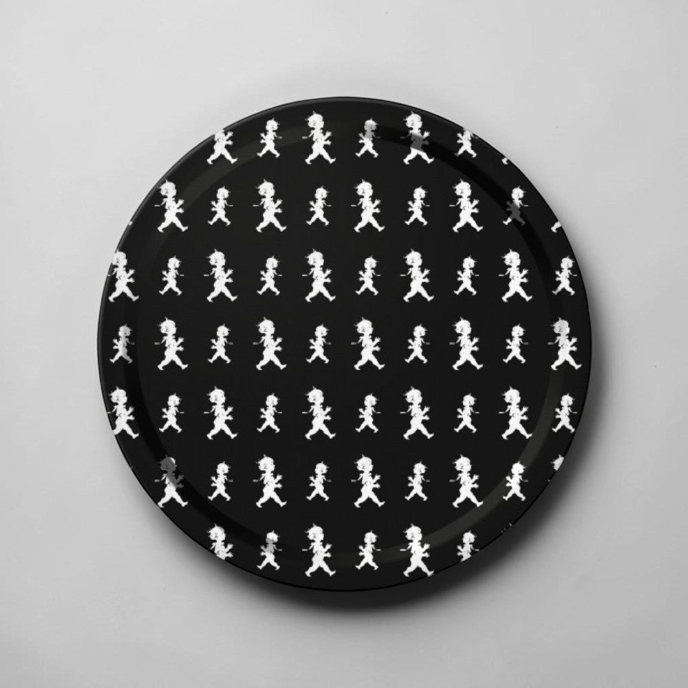 aelgmark black round tray with a repeating pattern of white cartoon boys running