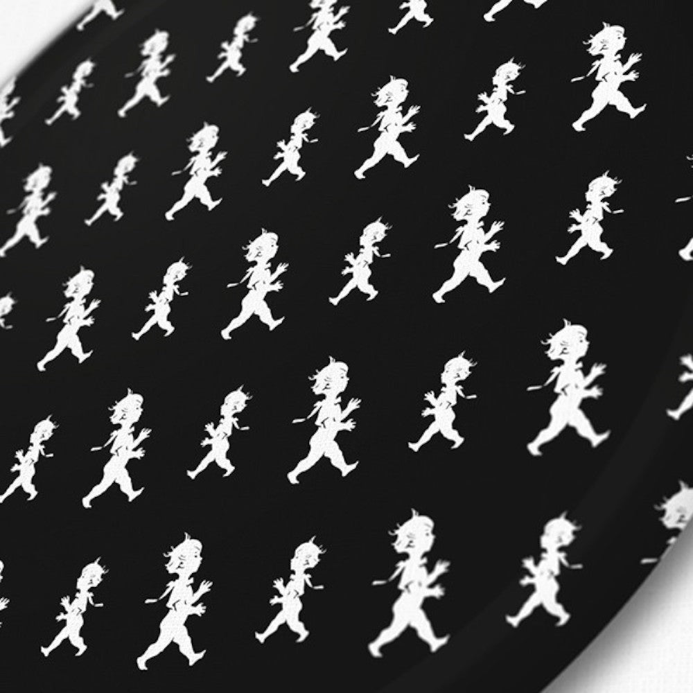 aelgmark black round tray with a repeating pattern of a white running boy illustration, inspired by Einar Nerman's 1936 artwork.