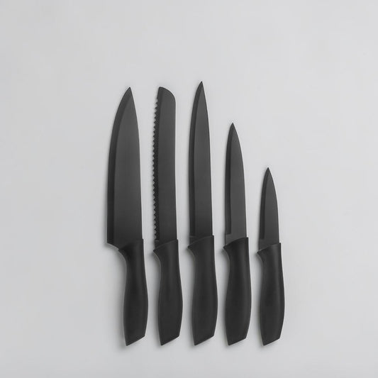 aelgmark 5-piece black stainless steel knife set with ergonomic handles, includes chef, bread, slicing, utility, and paring knives.