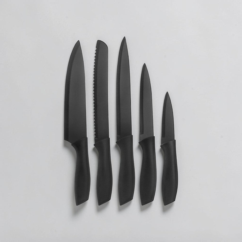 aelgmark 5-piece black stainless steel knife set with ergonomic handles, includes chef, bread, slicing, utility, and paring knives.