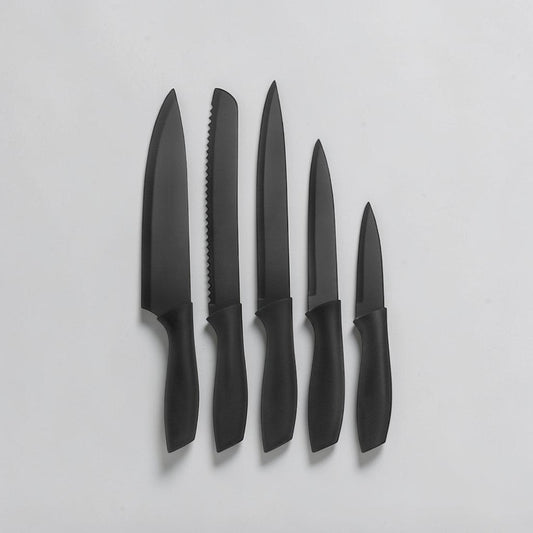 aelgmark 5-piece black stainless steel knife set with ergonomic handles, includes chef, bread, slicing, utility, and paring knives.