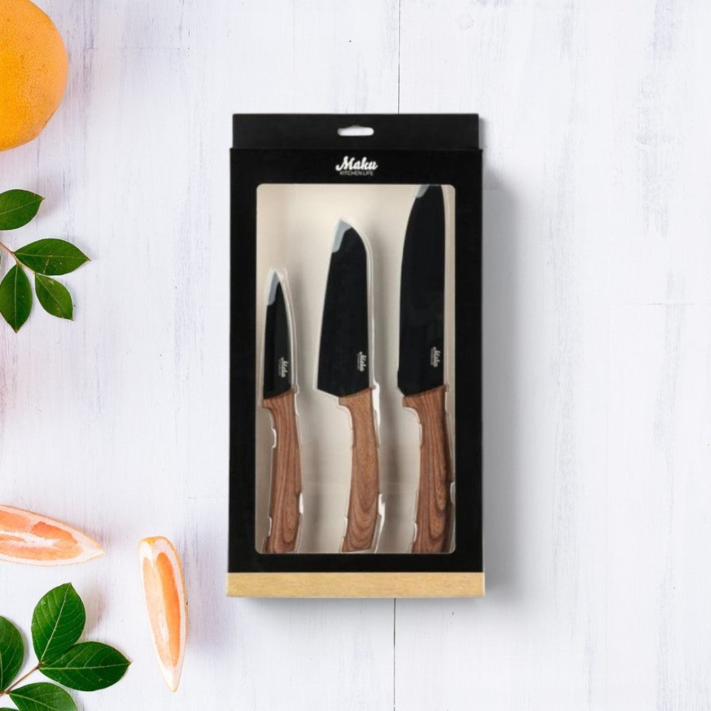 aelgmark 北歐生活選物 3-piece black stainless steel knife set with wood-grain TPR non-slip handles.