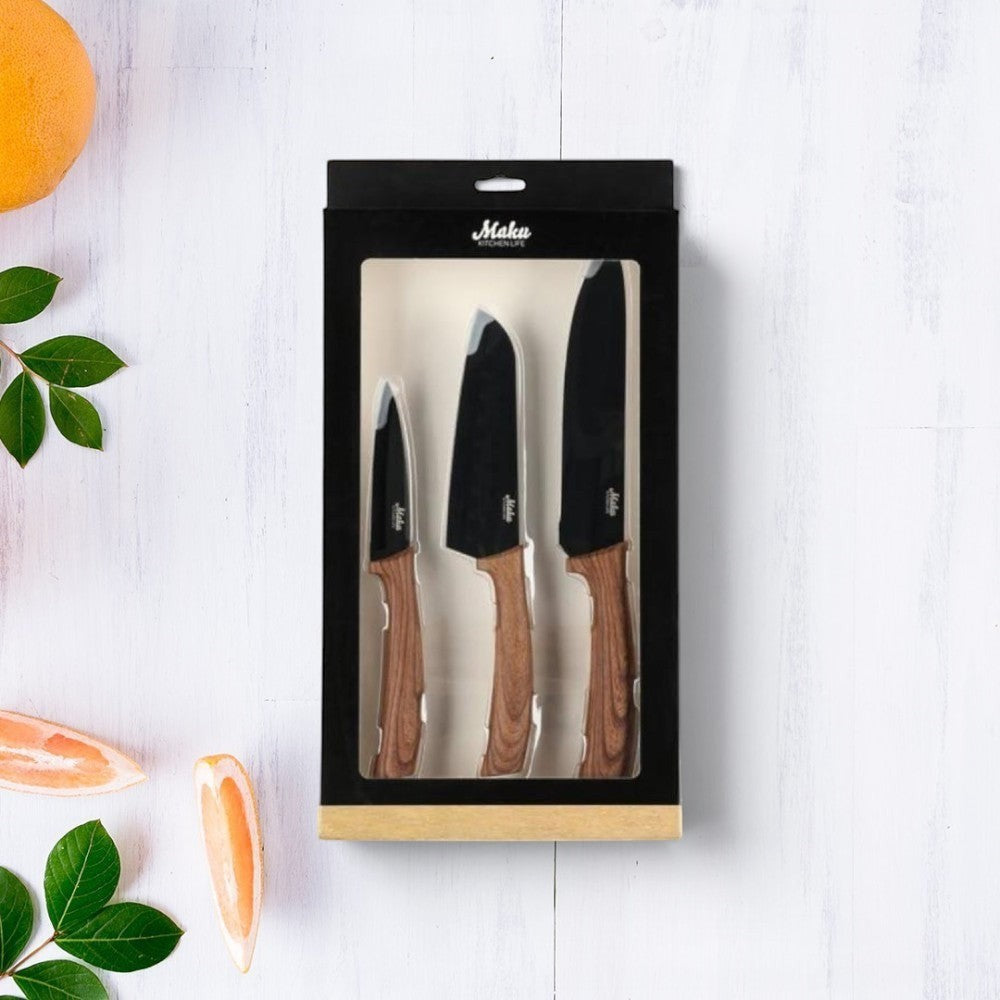 aelgmark 北歐生活選物 3-piece black stainless steel knife set with wood-grain TPR non-slip handles.
