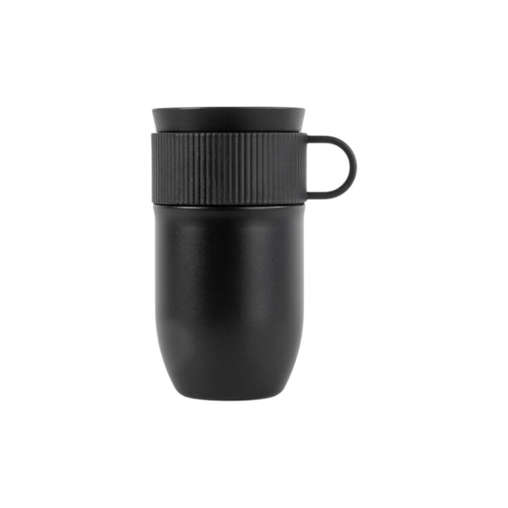 aelgmark Ted black stainless steel travel mug with ribbed grip and handle, 4hr hot/8hr cold.