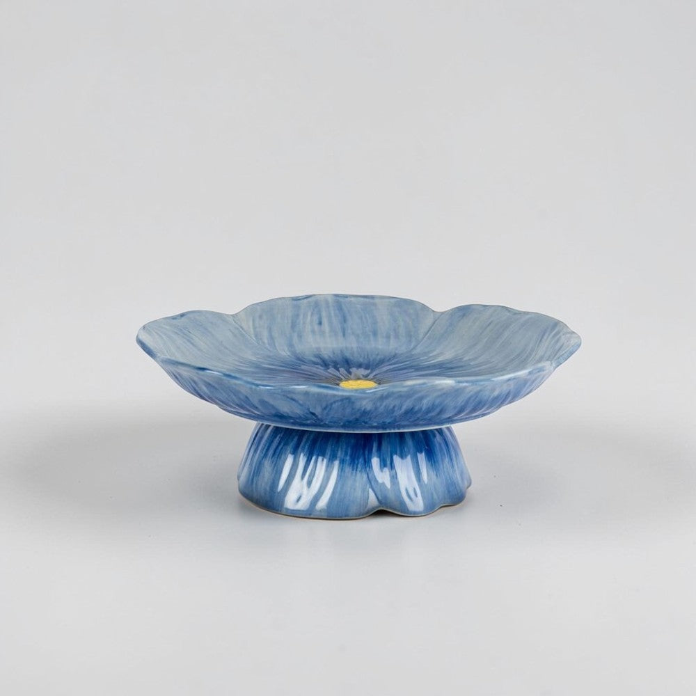 aelgmark Poppy blue ceramic flower cake stand with yellow center detail