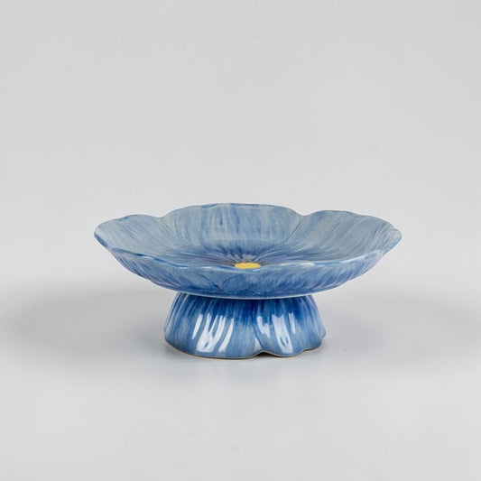 aelgmark Poppy blue ceramic flower cake stand with yellow center detail
