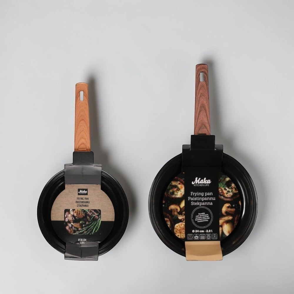 aelgmark Maku black cast aluminum frying pan with ceramic coating and wooden handle, 20cm.