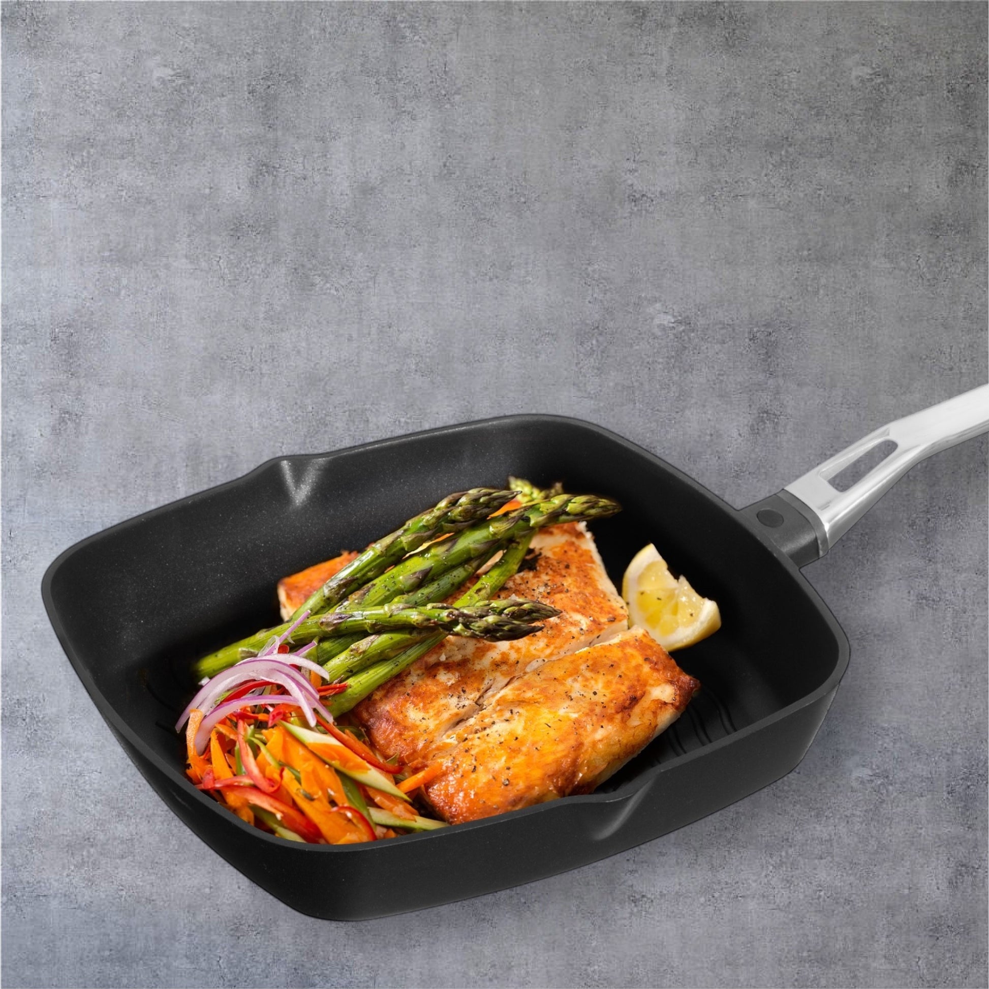 aelgmark black cast aluminum grill pan with non-stick coating, perfect for searing fish and vegetables.
