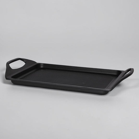 aelgmark black cast aluminum non-stick grill pan with ridged surface and integrated handles.