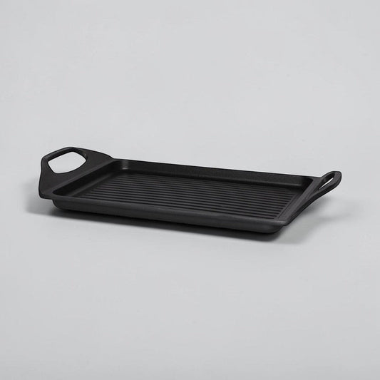 aelgmark black cast aluminum non-stick grill pan with ridged surface and integrated handles.