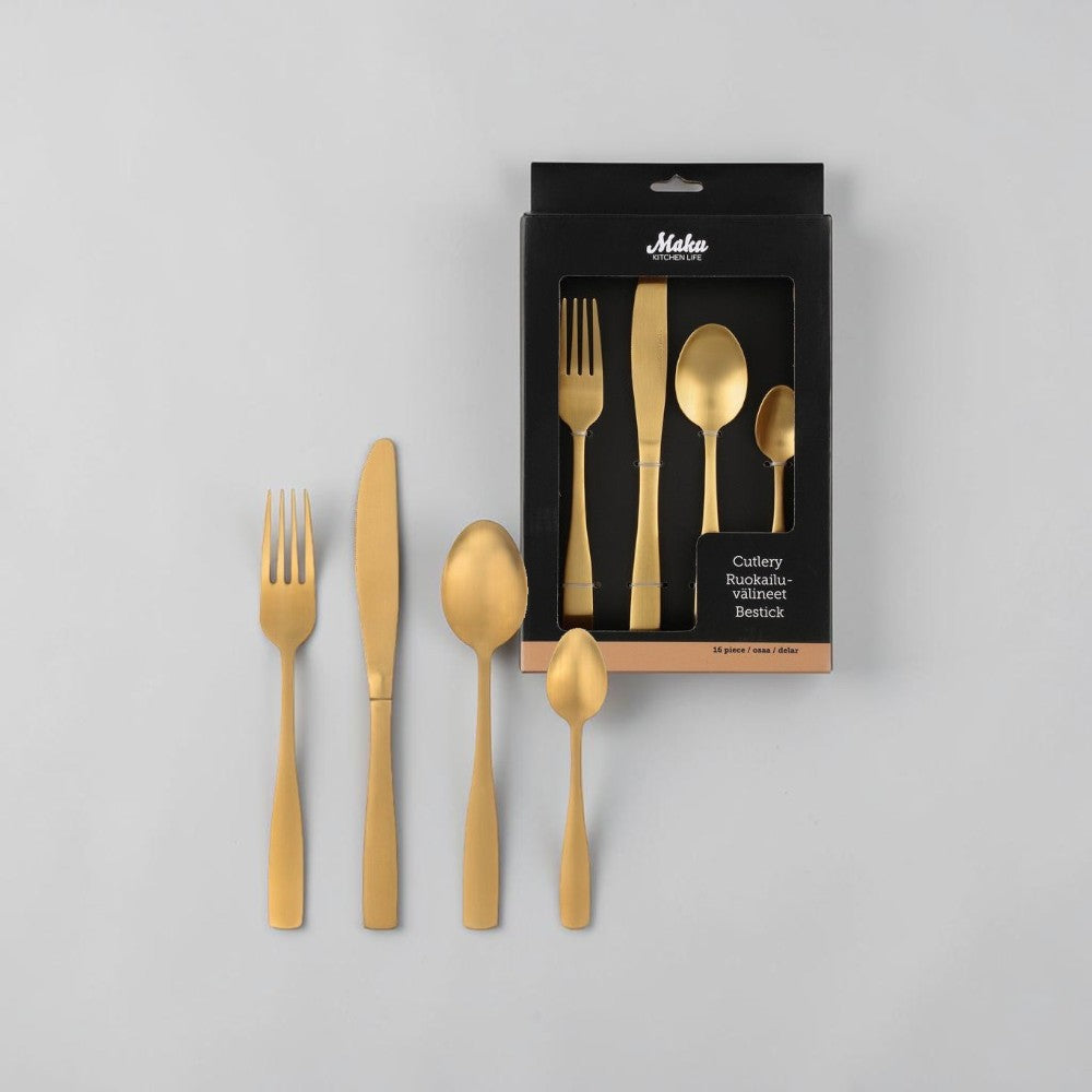 Aelgmark champagne gold 16-piece stainless steel cutlery set with PVD coating. Includes 4 knives, 4 forks, 4 spoons, and 4 teaspoons.