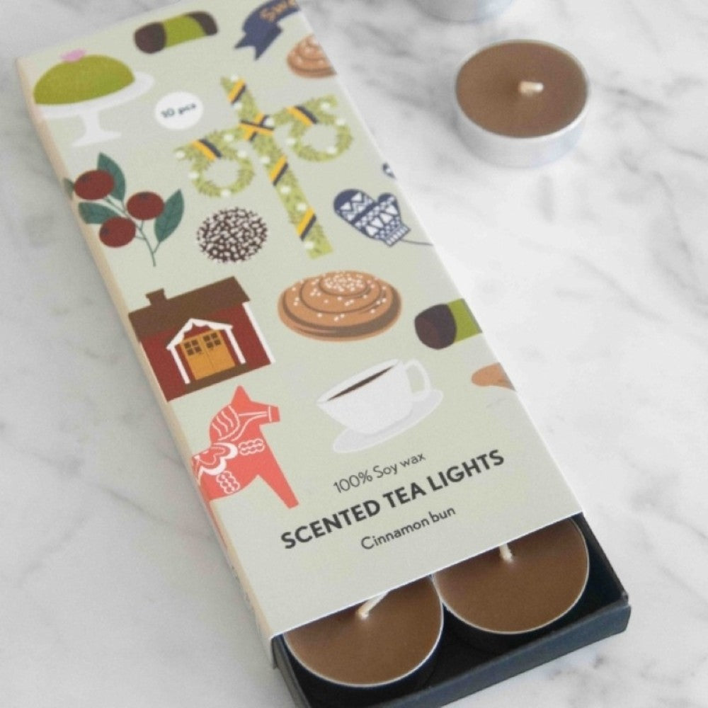 aelgmark scented tea lights in cinnamon bun scent, made from 100% soy wax. Pack of 10.