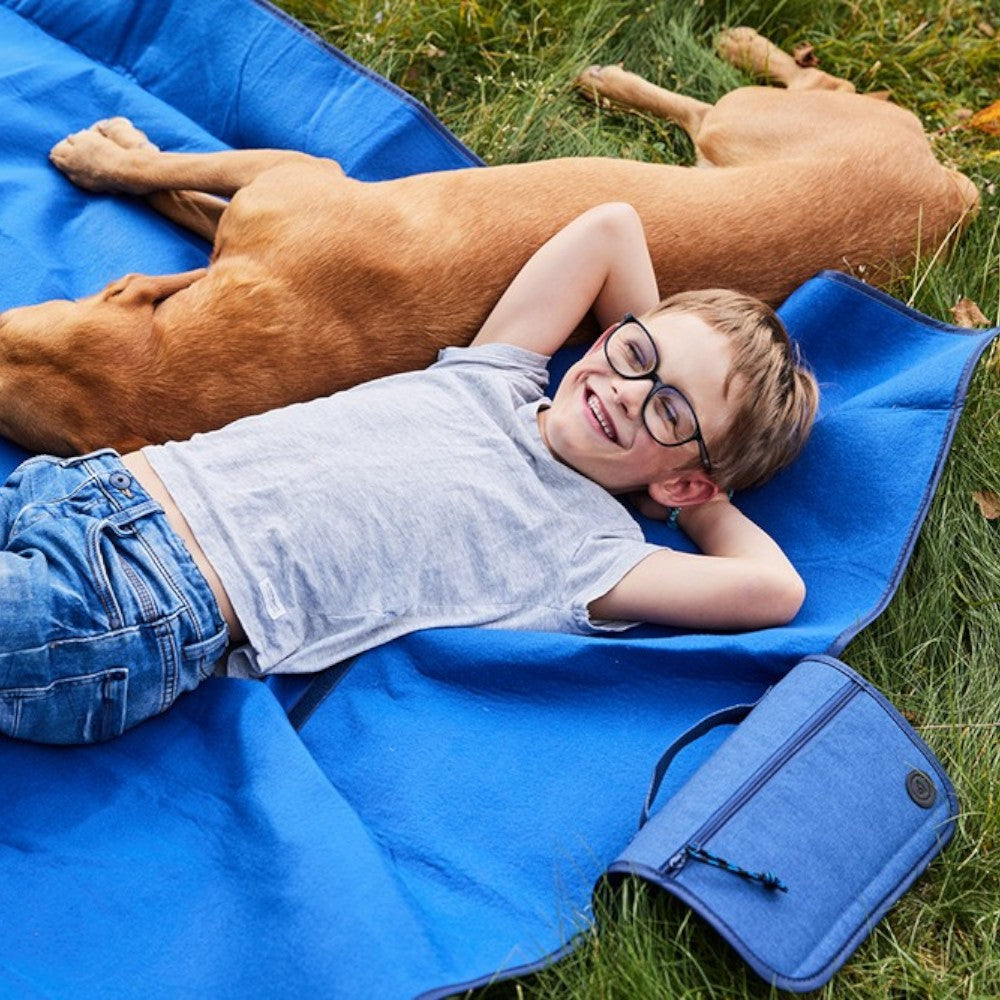 aelgmark City picnic blanket in royal blue rPet fabric, with zippered pouch for essentials. Waterproof backing.