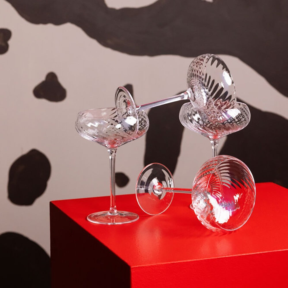 aelgmark Opacity collection clear glass champagne coupe glasses with swirling pattern, set of 6, 300ml.