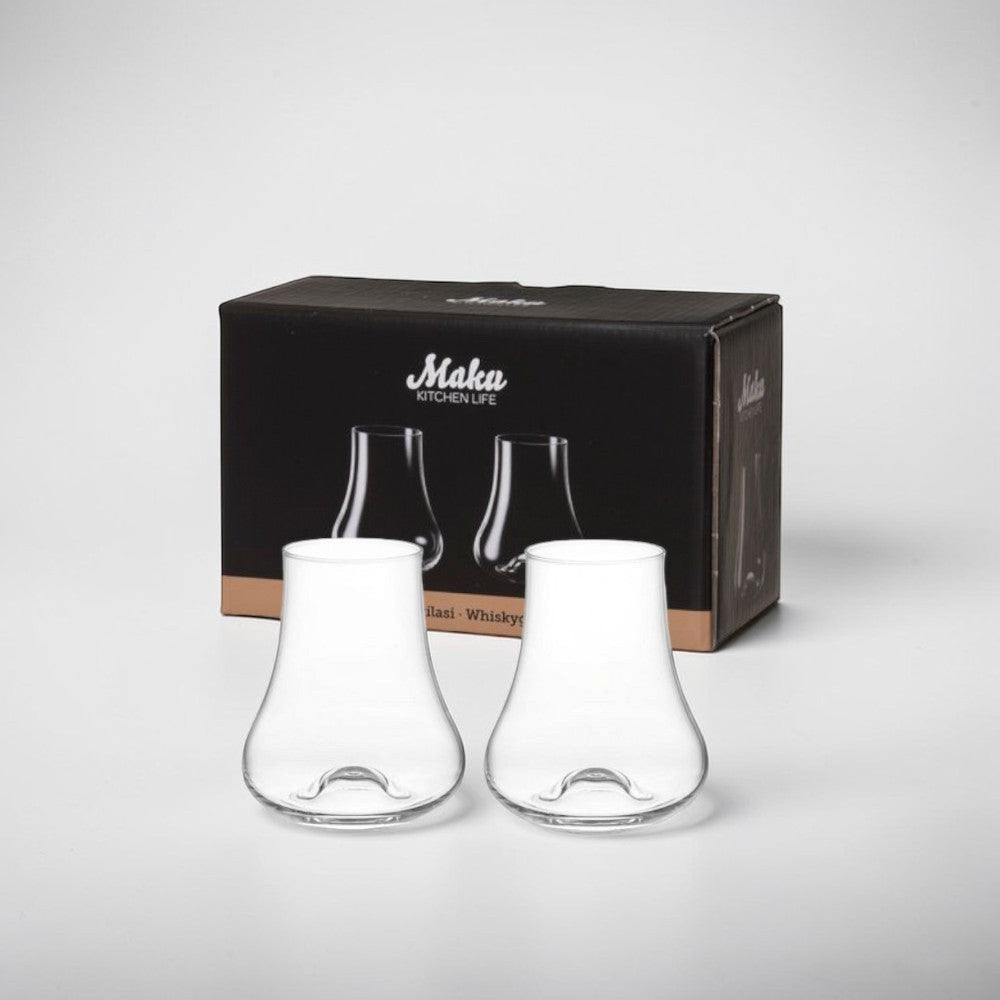 aelgmark North Europe Life Selection Maku Kitchen Life clear glass whisky tumblers, set of 2, 240ml capacity, unique aroma-enhancing design.