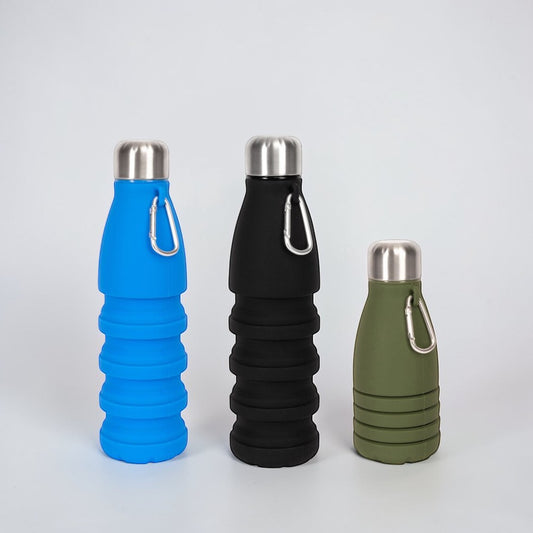aelgmark Stig collapsible silicone water bottle in blue, black, and green with carabiner clip and stainless steel cap.