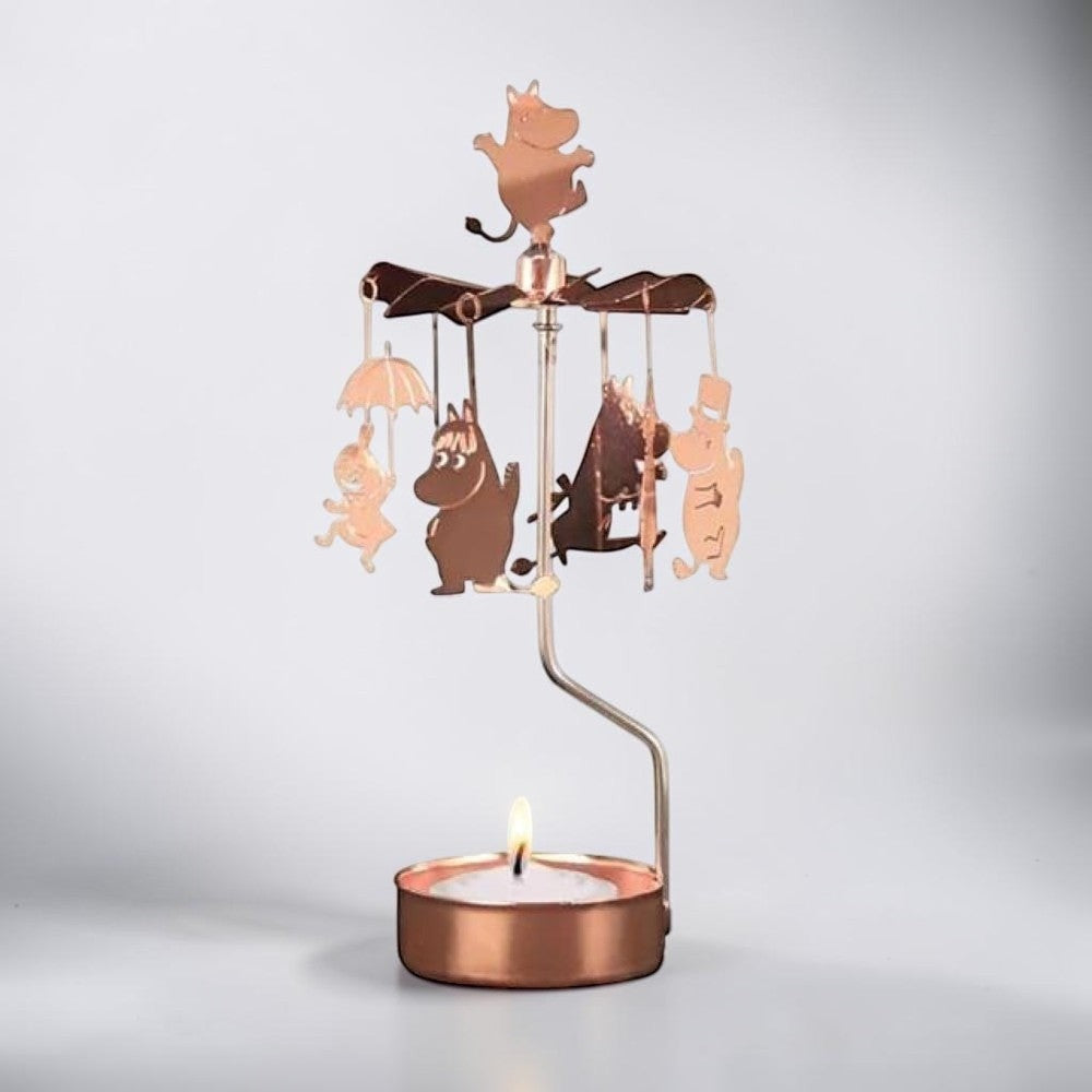 aelgmark copper Moomin family rotating candle holder with spinning charms and included candle.