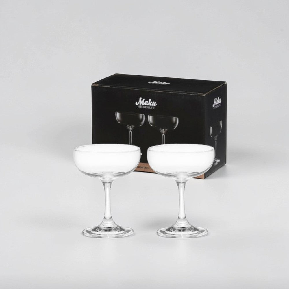aelgmark set of 2 clear crystal coupe glasses, 220ml capacity, ideal for champagne, cocktails, or desserts.