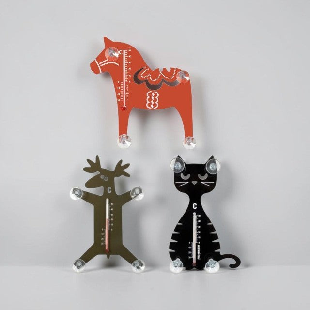 aelgmark three decorative thermometers: red horse, brown reindeer, and black cat. Indoor/outdoor use.