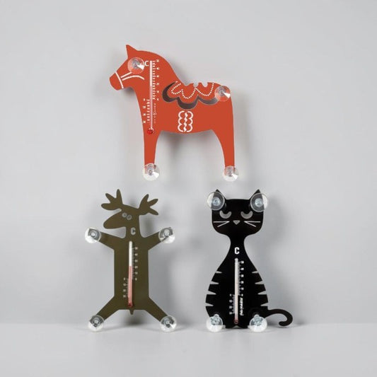 aelgmark three decorative thermometers: red horse, brown reindeer, and black cat. Indoor/outdoor use.