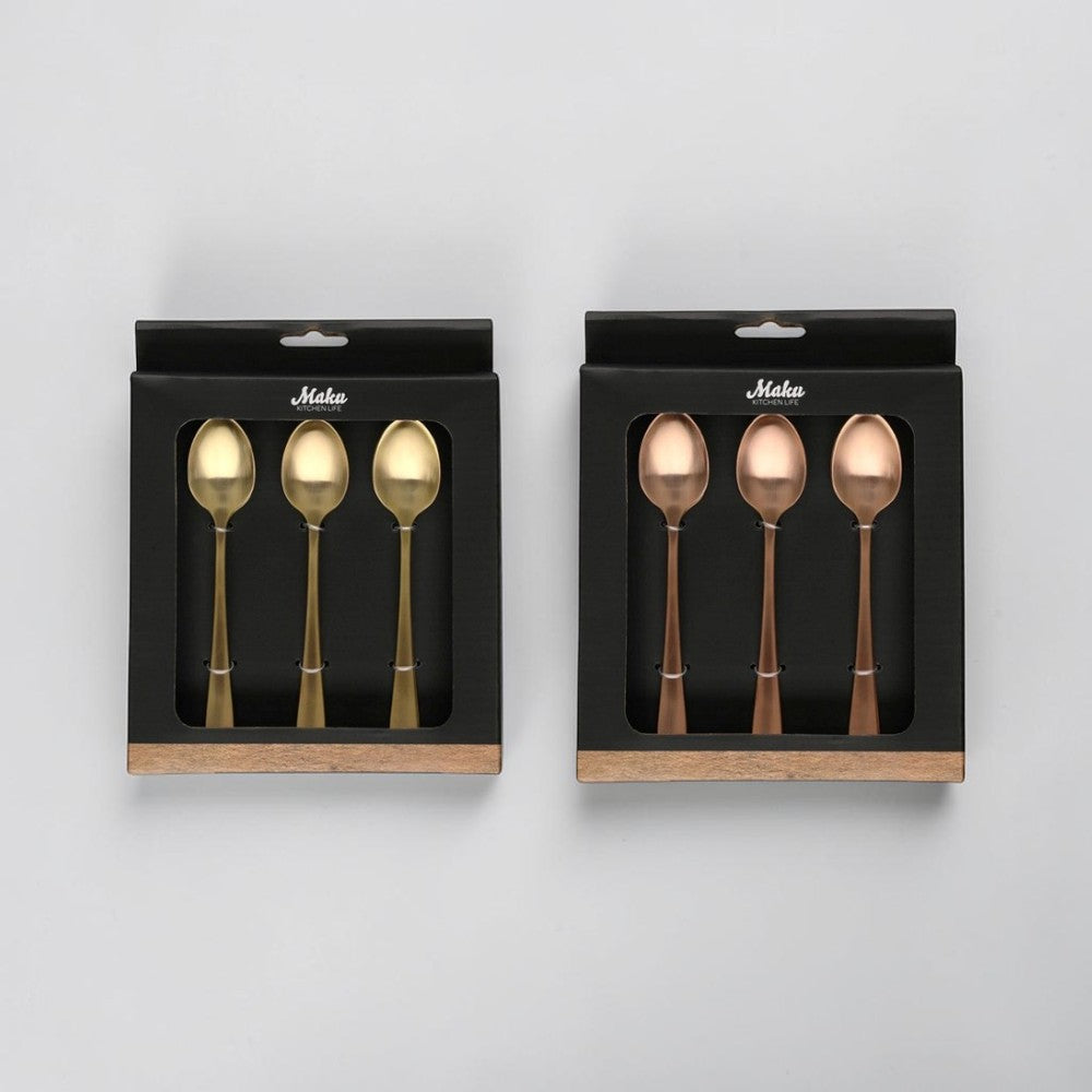 aelgmark champagne gold and rose gold stainless steel dessert spoons, 6-piece set with PVD coating.