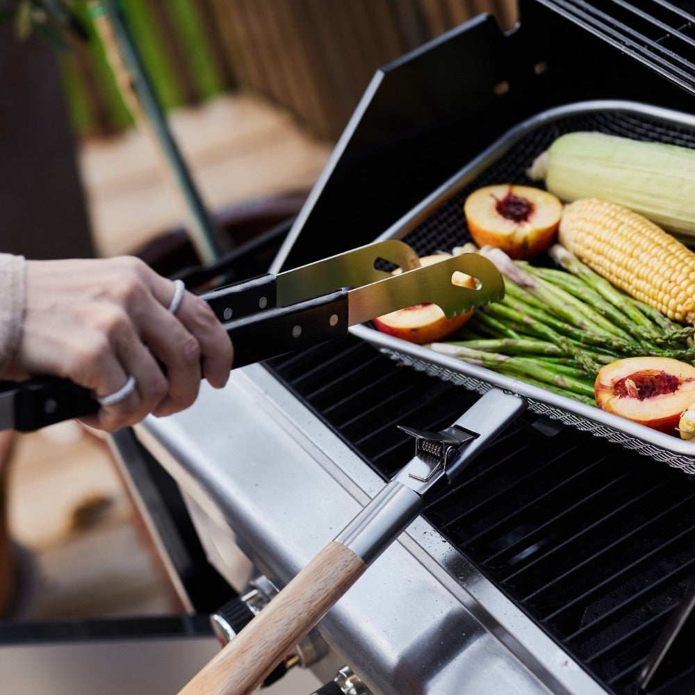 aelgmark Fredde BBQ grilling utensil set with tongs, spatula, and fork, featuring black handles and a storage bag.
