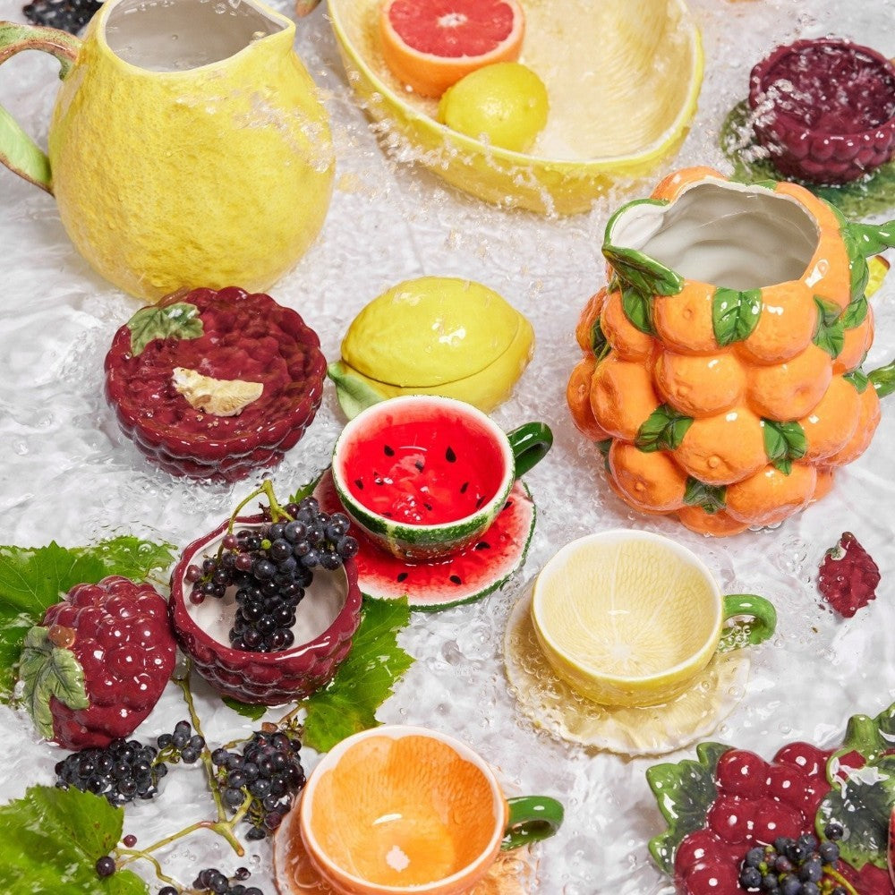 aelgmark北歐生活選物 fruit-shaped ceramic teacups and saucers set, including lemon, orange, and watermelon designs.