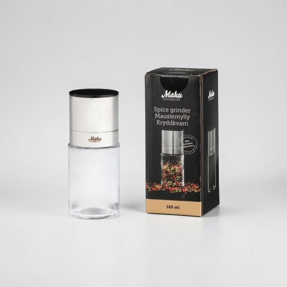 Aelgmark spice grinder with stainless steel top and clear glass base, perfect for salt, pepper, and herbs.
