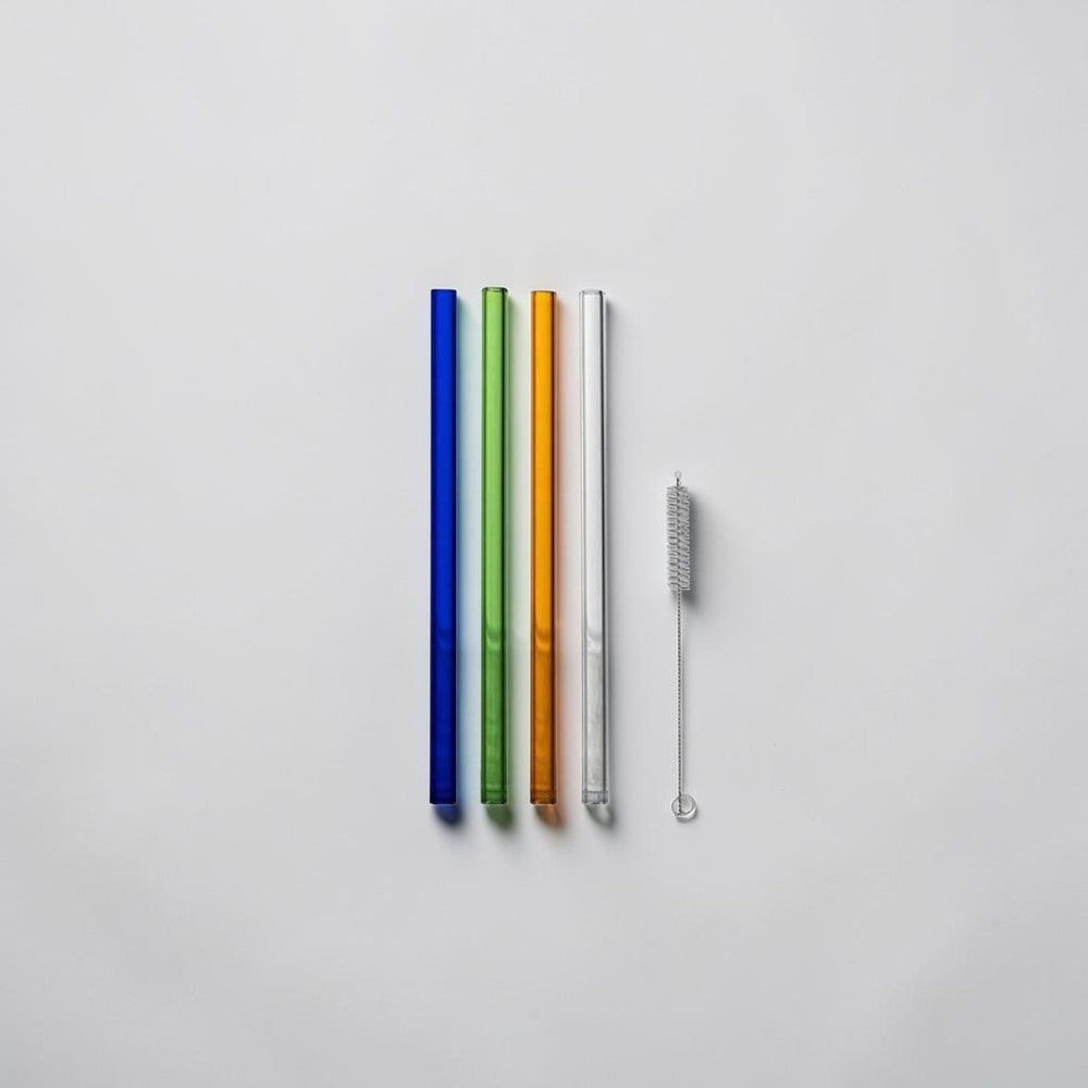 aelgmark ByOn glass straws set of 4 in blue, green, amber, and clear with cleaning brush. 15cm length.