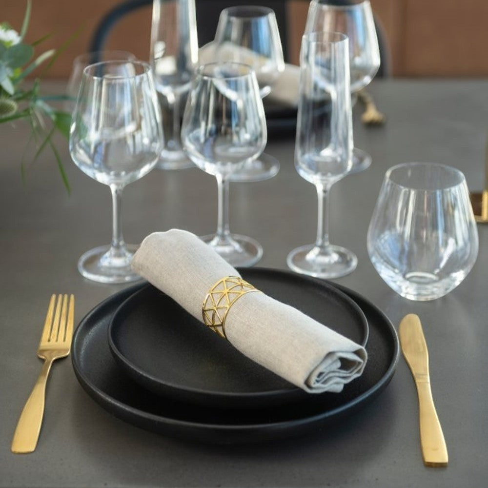 Aelgmark champagne gold 16-piece stainless steel cutlery set with PVD coating, including 4 knives, forks, spoons, and teaspoons.