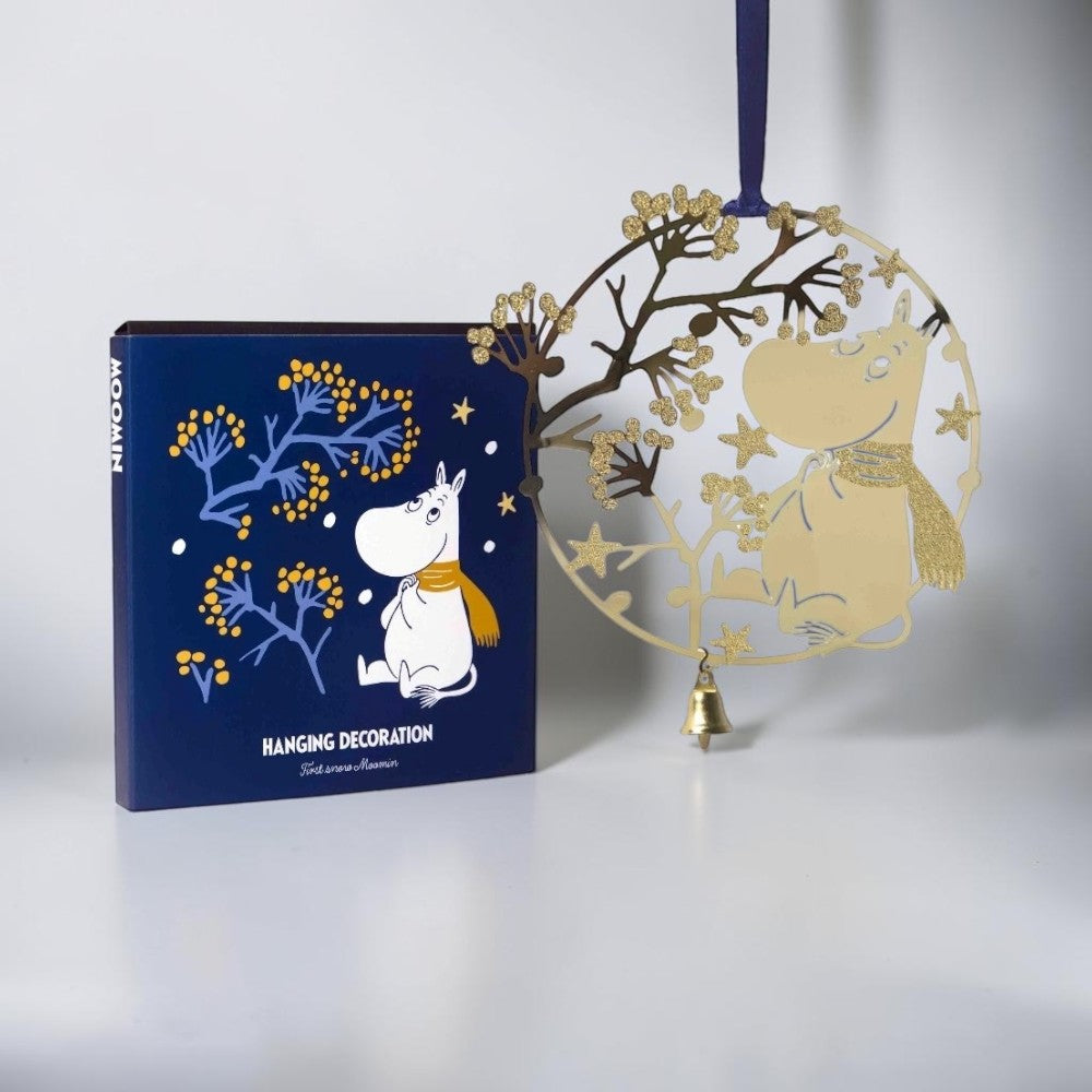 aelgmark First Snow Moomin hanging decoration, gold metal with glitter accents and a small bell.