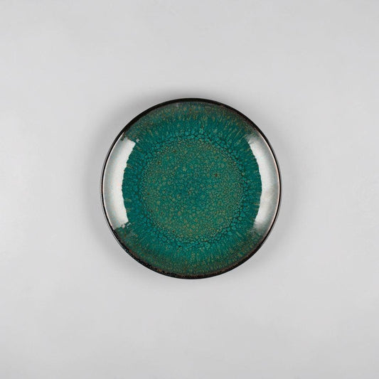 aelgmark stoneware plate with green reactive glaze and black rim, 19cm or 26cm