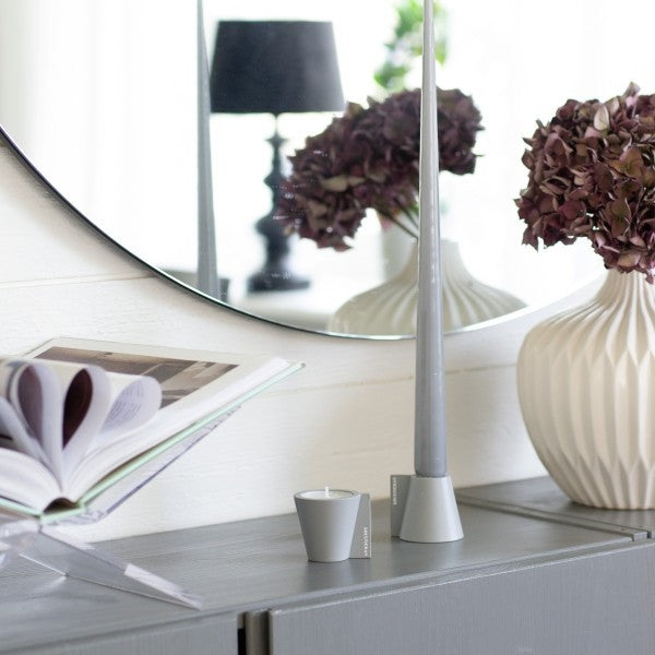 aelgmark grey double-sided candle holder for taper and tea light candles, modern minimalist design.