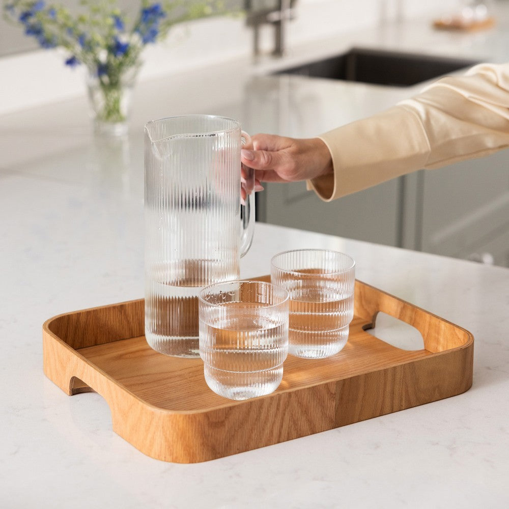 aelgmark Hanna oak serving tray with curved edges and integrated handles, perfect for kitchen or home use.