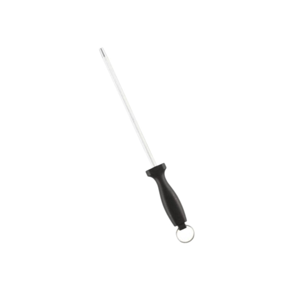 Aelgmark honing steel with a black ergonomic handle and a silver sharpening rod. Features a hanging loop.