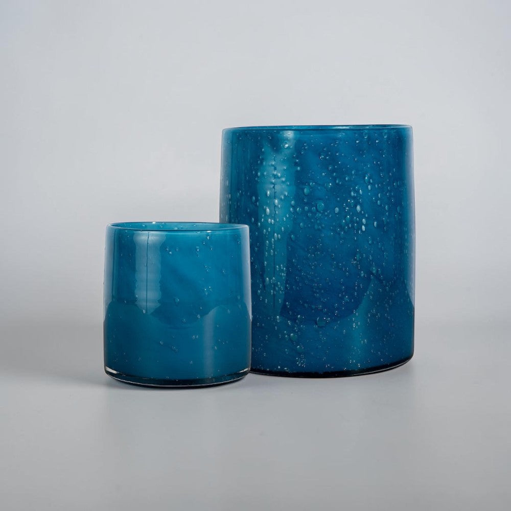 Aelgmark Karola blue glass vase with bubble effect, suitable as a decorative piece or candle holder.