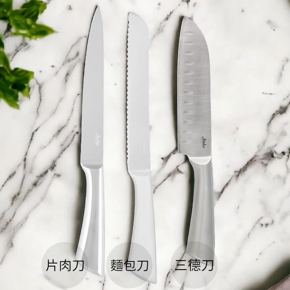 aelgmark three-piece stainless steel kitchen knife set with ergonomic handles: bread knife, Santoku knife, and carving knife.