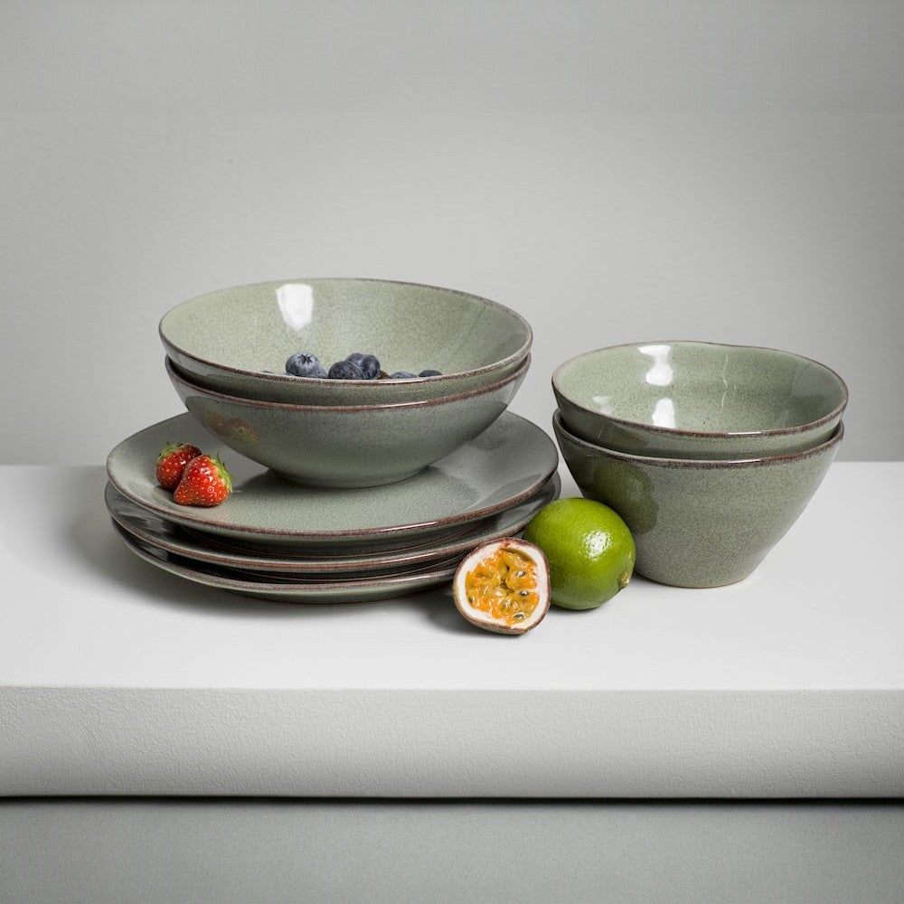 aelgmark linen green stoneware bowls and plates set with rustic glaze finish, perfect for soup, rice, or snacks.