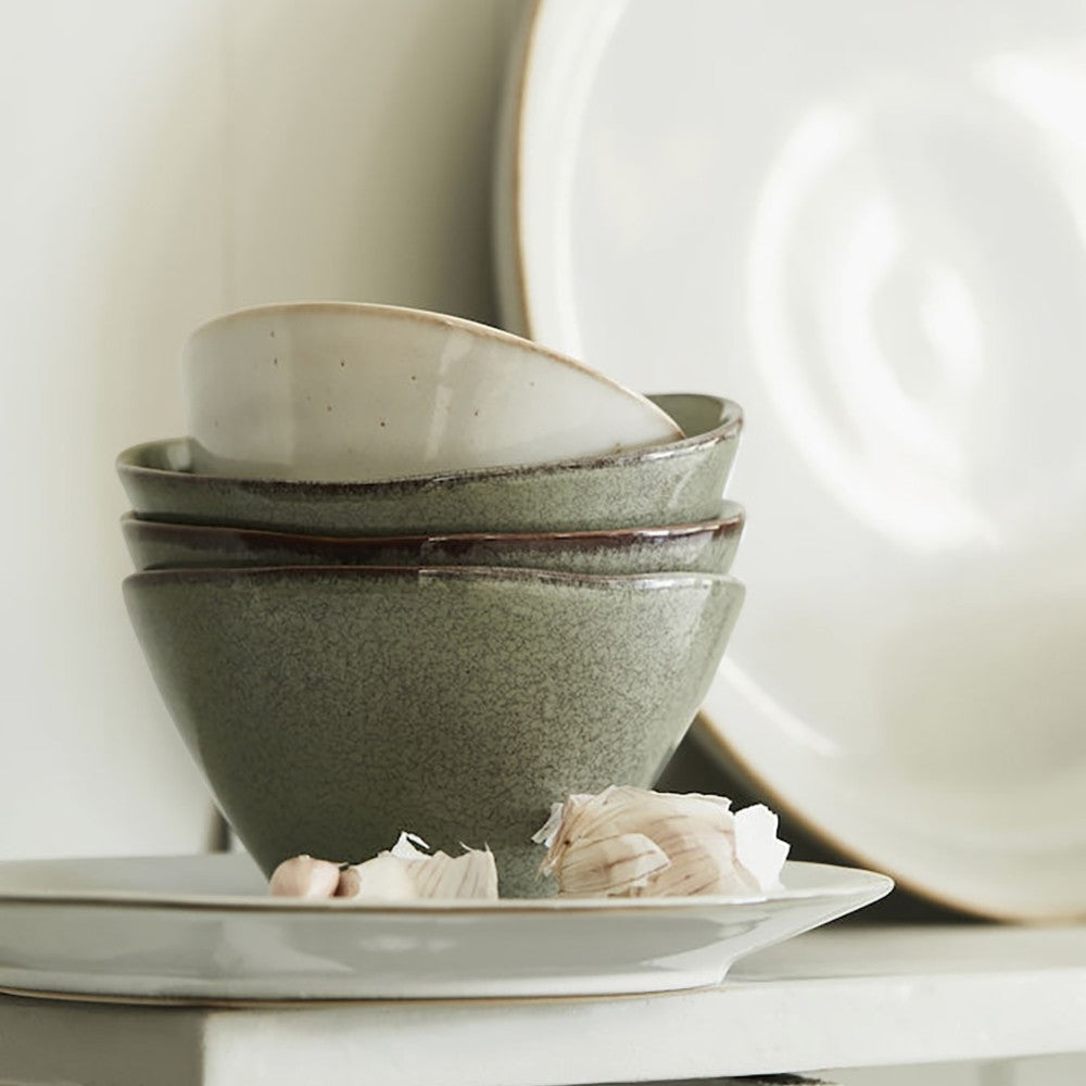 aelgmark linen green stoneware bowls, set of 2, with unique glaze variations and rustic charm.