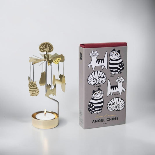 aelgmark Lisa Larson gold cat spinning tea light candle holder with decorative cat charms and box.