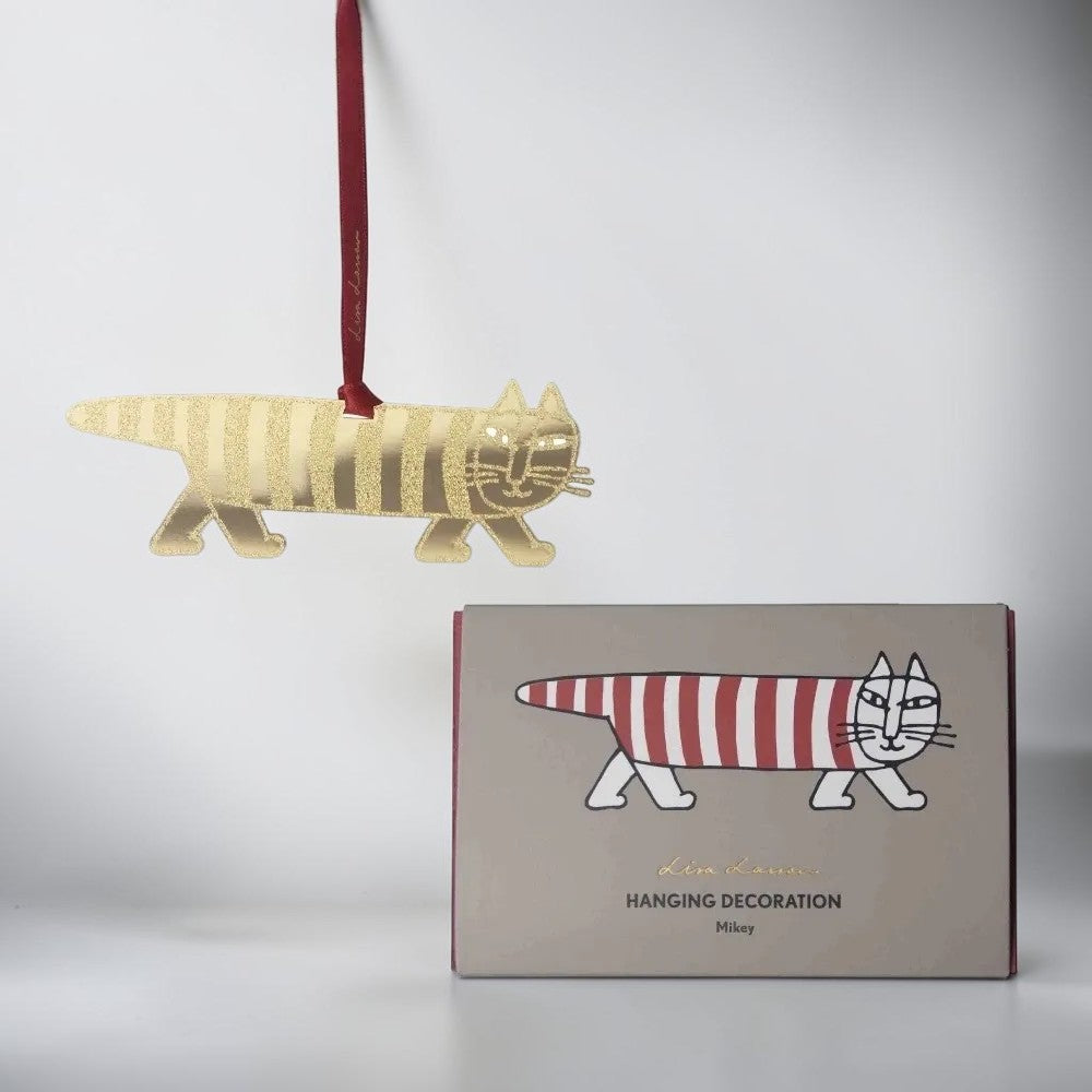 aelgmark Lisa Larson gold glitter striped cat Mikey hanging decoration with red ribbon.