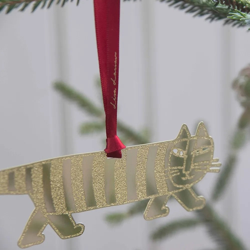 aelgmark Lisa Larson gold glitter striped cat ornament with red ribbon hanger.