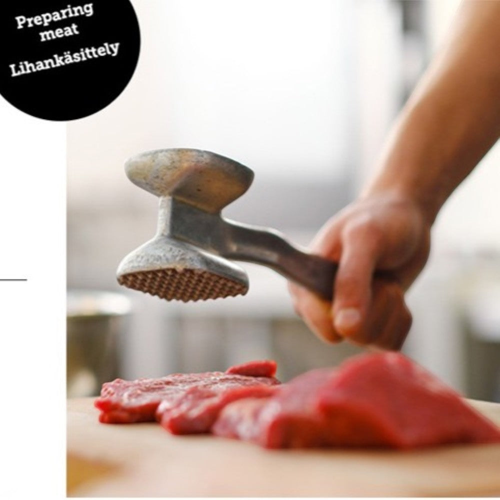 aelgmark meat tenderizer with textured and flat sides for pounding and flattening meat cuts like chicken or pork.
