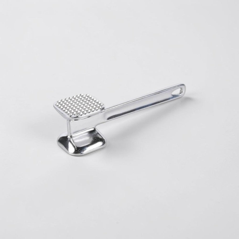 aelgmark 北歐生活選物 silver metal dual-sided meat tenderizer mallet with textured and flat surfaces.