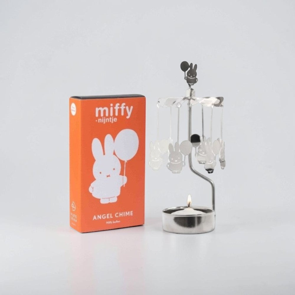 aelgmark Miffy angel chime candle holder with spinning Miffy figures and a lit candle.